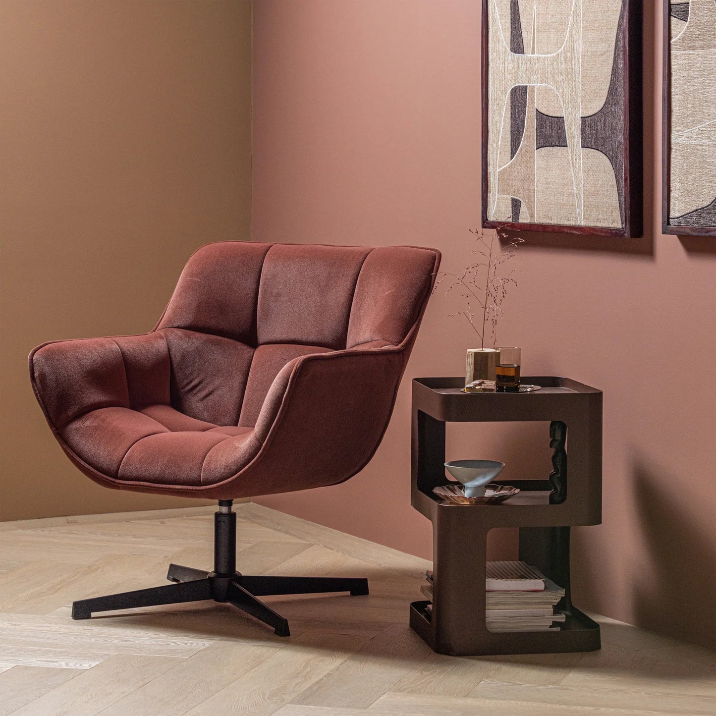 WOOOD Wibo Draaifauteuil Velvet Mat Bruinrood β nieuw