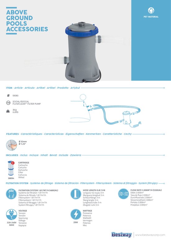 Bestway Cartridge Filterpomp 2.006 ltr/h — zo goed als nieuw