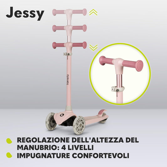 Lionelo Jessy pink three-wheel scooter with adjustable four-level handlebar and comfort grip