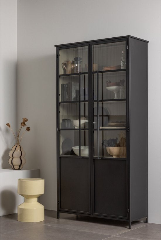 Black metal display cabinet with glass doors and shelving for storage and decoration