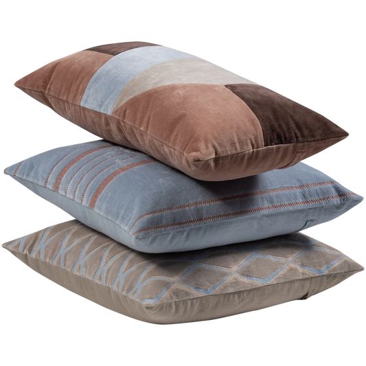 WOOOD Laon Kussens - Velvet stof - Naturel/Blauw - Set Van 3