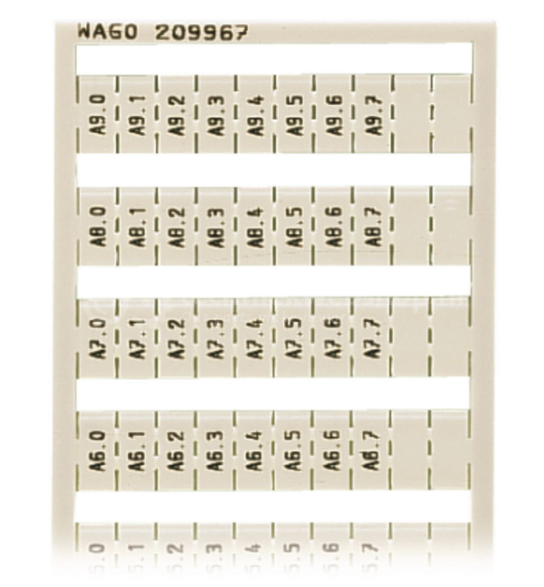 Wago Series209 - 209-967 / WSB-markeringskaart als kaart bedrukt wit, Codering rijgklem, verkoop per: 50 x 1 stuk - 4017332101721 | Kleur: Wit | Opdruk: Letters | Halogeenvrij: Ja | Codeerrichting: Verticaal | Rastermaat: 5 mm