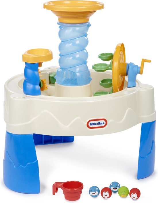 Little Tikes Spiralin' Seas water play table with spiral tower and accessories in blue and cream