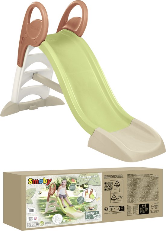 Smoby lime green and beige plastic playground slide with brown handles and packaging box