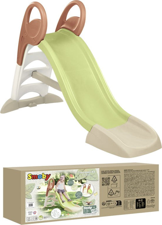Smoby lime green and beige plastic playground slide with brown handles and packaging box