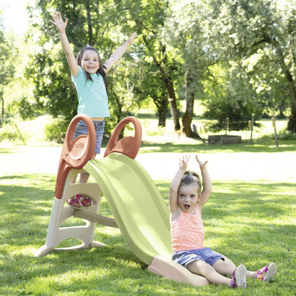 Smoby Life plastic slide with brown and cream frame, two children playing outdoors