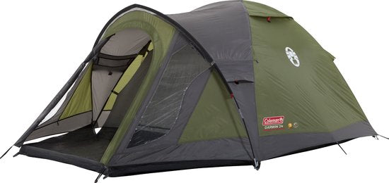 Coleman Darwin 3 Plus dome tent in olive green and grey with extended porch