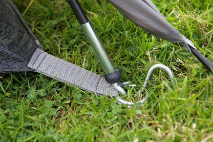 Coleman Darwin 3 Plus tent guy rope with metal peg and gray nylon strap on grass