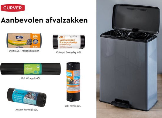Curver Decobin 65L pedal bin trash can in grey with black interior and lid open