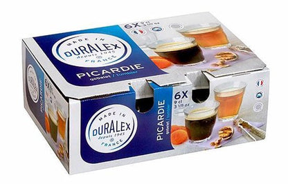 Duralex Picardie glass set packaging with six espresso glasses and blue branding