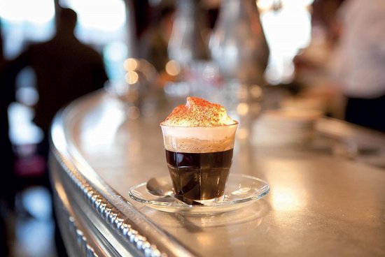 Duralex Picardie espresso glass with layered coffee drink and caramel topping