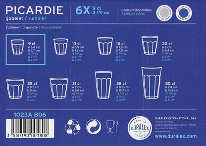 Duralex Picardie tumbler glass set packaging showing size chart and specifications in blue