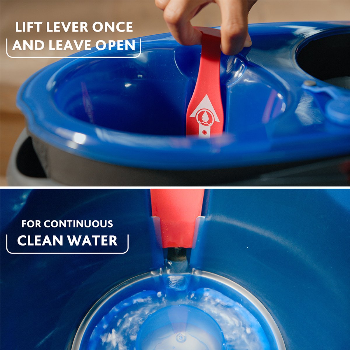 Vileda H2Pro Spin mop system with red lift lever and blue bucket showing water drainage feature