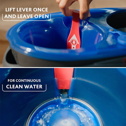 Vileda H2Pro Spin mop system with red lift lever and blue bucket showing water drainage feature
