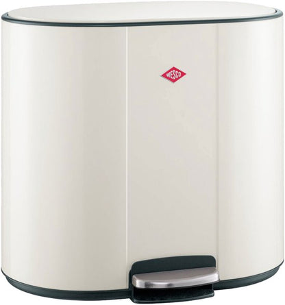 Wesco Multicollector 2 white cylindrical trash can with black trim and foot pedal