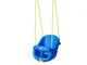 Blue baby swing seat with cream-colored ropes and chains