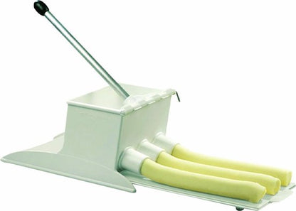 Millecroquettes white croquette maker with yellow filled tubes and metal dispenser
