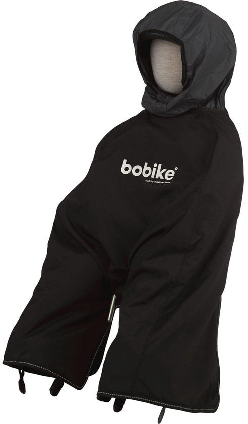 Bobike black poncho with hood and white logo text