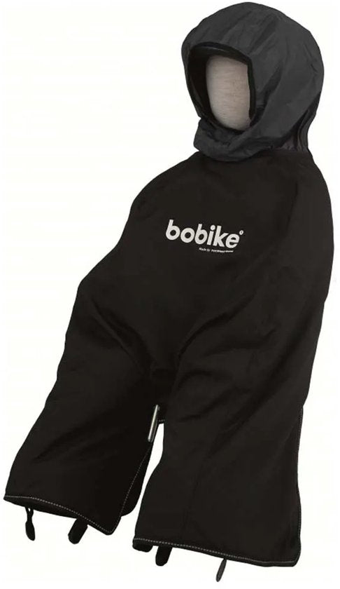 Bobike Mini black rain poncho with hood and white logo branding