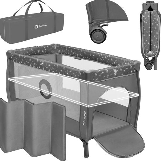Lionelo Stefi Plus portable playard with carry bag, wheels, and storage organizers in grey