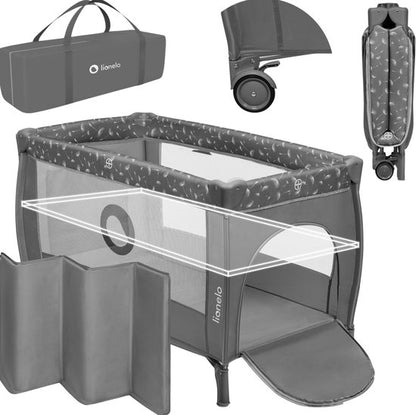 Lionelo Stefi Plus portable playard with carry bag, wheels, and storage organizers in grey