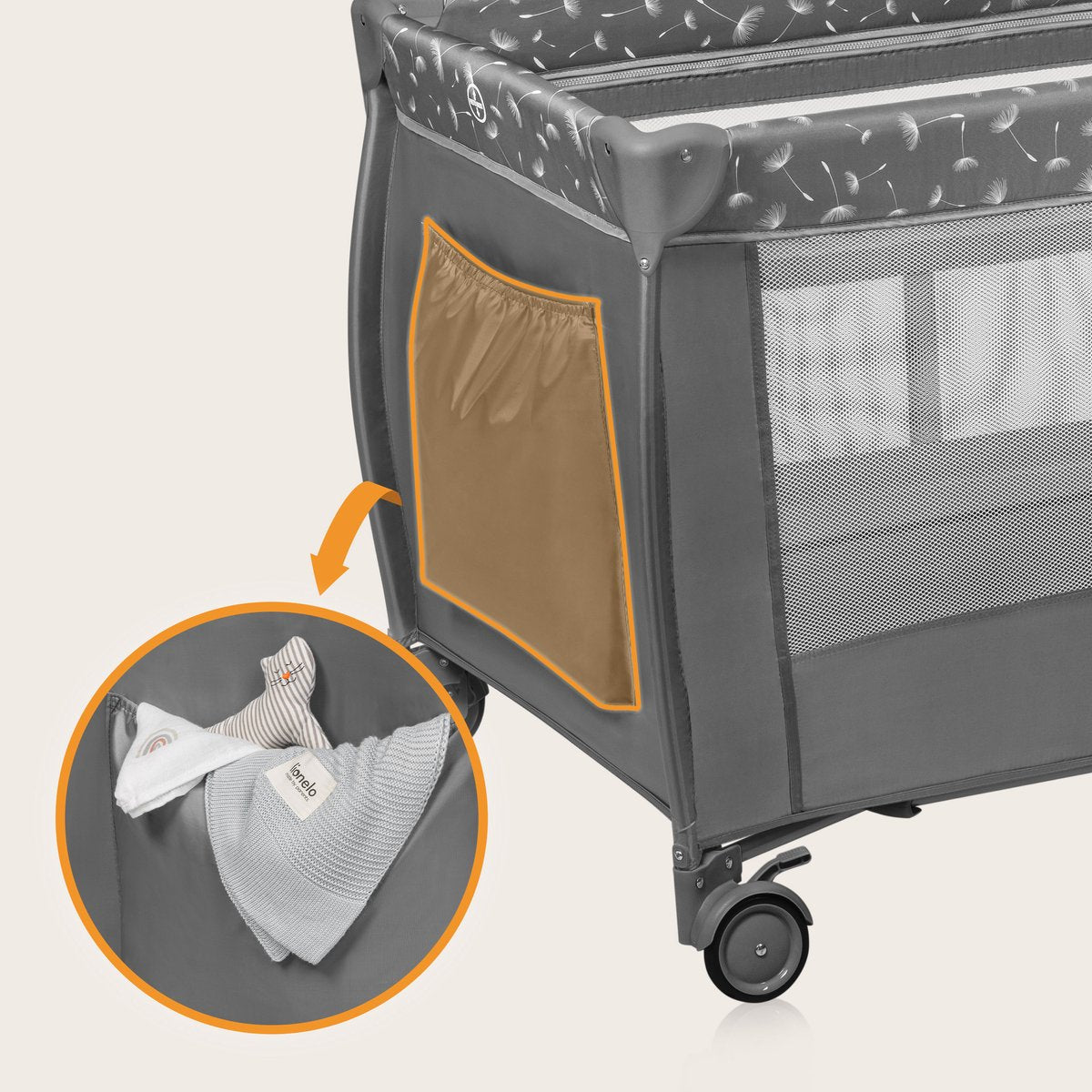 Lionelo Stefi Plus grey portable crib with orange accents and detachable changing table