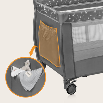 Lionelo Stefi Plus grey portable crib with orange accents and detachable changing table