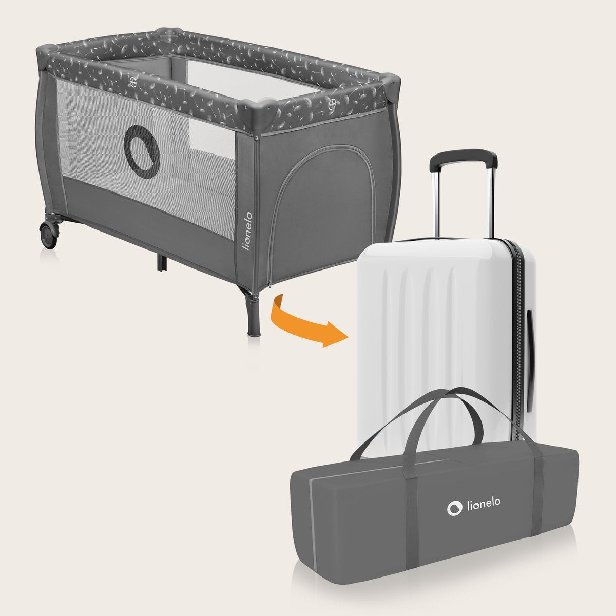 Lionelo Stefi Plus grey travel cot with white suitcase and grey carry bag set