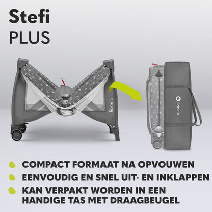 Lionelo Stefi Plus 4-in-1 portable campingbed in grey with compact folded carrying bag