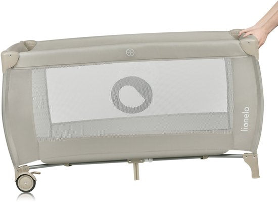 Lionelo Stefi Plus beige portable travel cot with mesh sides and wheels