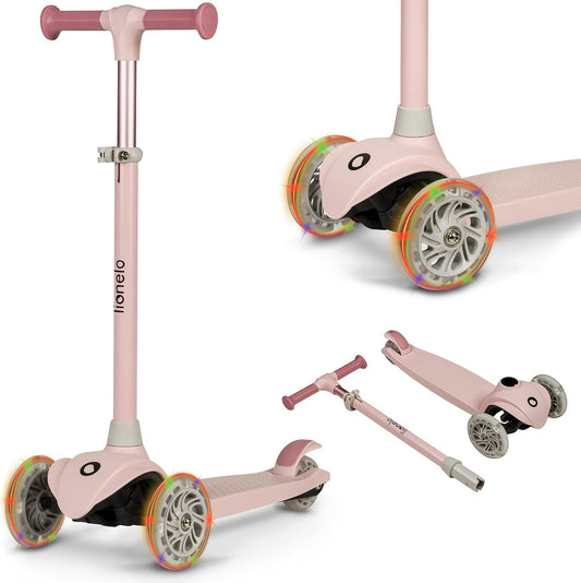 Lionelo Jessy three-wheel kids scooter in pink with LED light-up wheels, shown assembled and folded