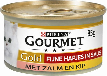 Purina Gourmet Gold 85g cat food can with salmon and chicken in sauce, gold and red label