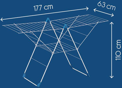 Tomado Droogrek Vento clothes drying rack with dimensions, white metal frame on blue background
