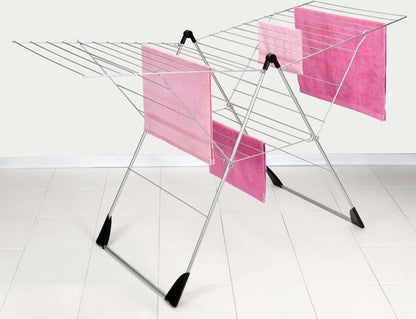 Tomado Droogrek Vento clothes drying rack with pink fabric panels and silver metal frame