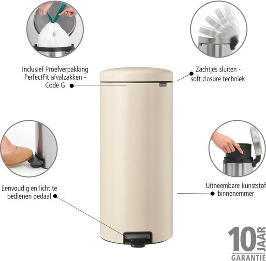 Brabantia NewIcon 30-liter cream pedal trash can with soft-close lid and removable inner bucket