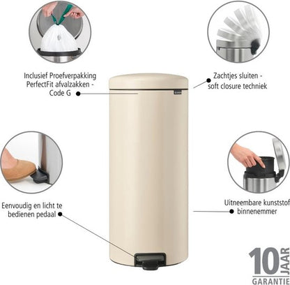 Brabantia NewIcon 30-liter cream pedal trash can with soft-close lid and removable inner bucket