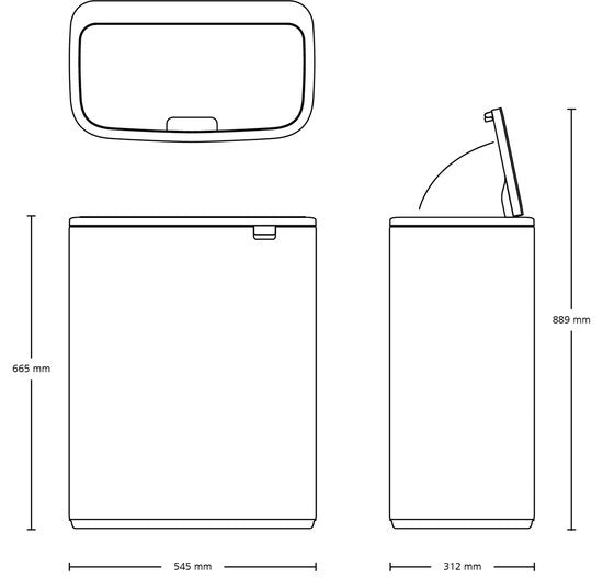 Brabantia Bo Touch Bin 60-liter trash can with dimensions and front open view