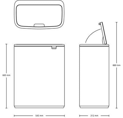 Brabantia Bo Touch Bin 60-liter trash can with dimensions and front open view