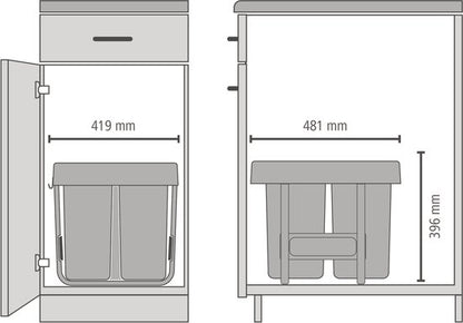 Brabantia Sort & Go built-in waste bin with dimensions, front and side view technical drawing