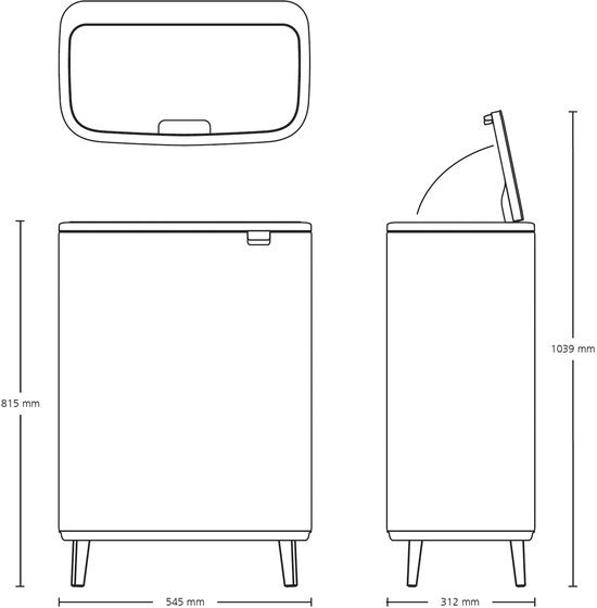 Brabantia Bo Touch Bin 60L stainless steel rectangular trash can with lid and legs, front and side view technical drawings