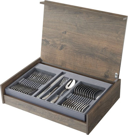 Amefa Drift 84-piece flatware set in wooden storage box with grey drawer compartments
