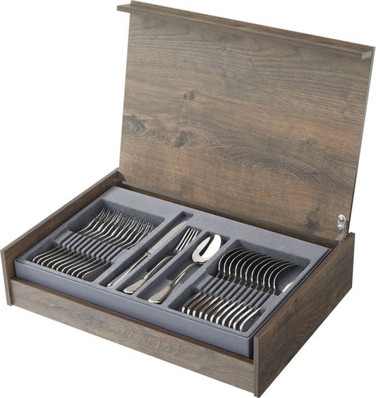 Amefa Drift 84-piece flatware set in wooden storage box with grey drawer compartments