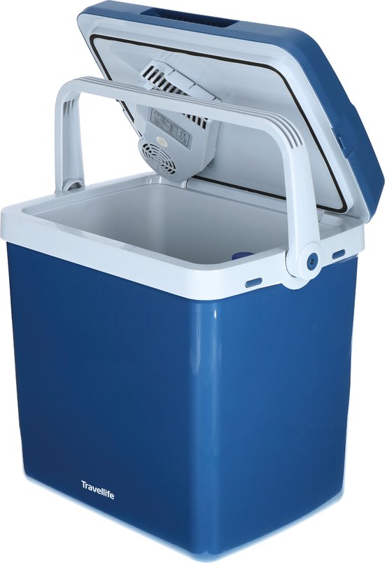 Travellife TL32 blue and white portable electric cooler with open lid