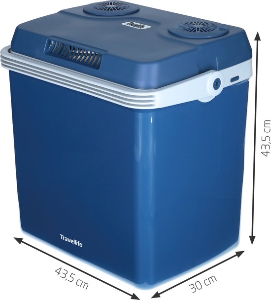 Travellife TL32 thermo-electric cooler box in dark blue with white trim and dual cooling fans