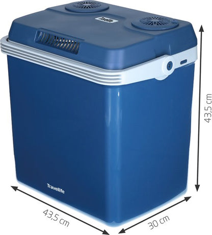 Travellife TL32 thermo-electric cooler box in dark blue with white trim and dual cooling fans