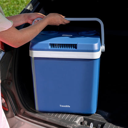 Travelife TL32 portable thermoelectric cooler box in blue and white with handle