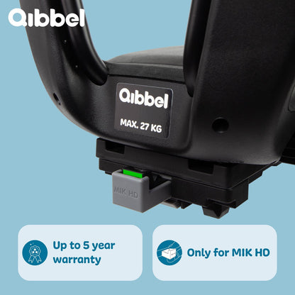 Qibbel Junior 6+ rear bike seat with black frame and grey cushion, max 27 kg capacity
