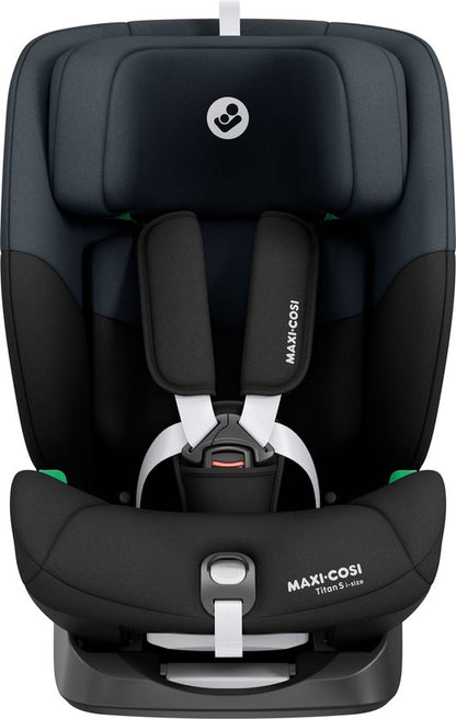 Maxi-Cosi Titan S i-Size car seat in black with grey accents and white safety harness