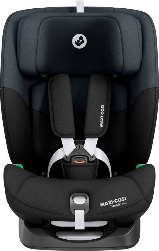 Maxi-Cosi Titan S i-Size car seat in black with grey accents and white safety harness
