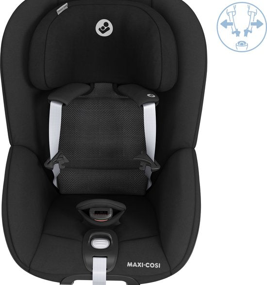 Maxi-Cosi Pearl 360 i-Size car seat in black with white accents, front view